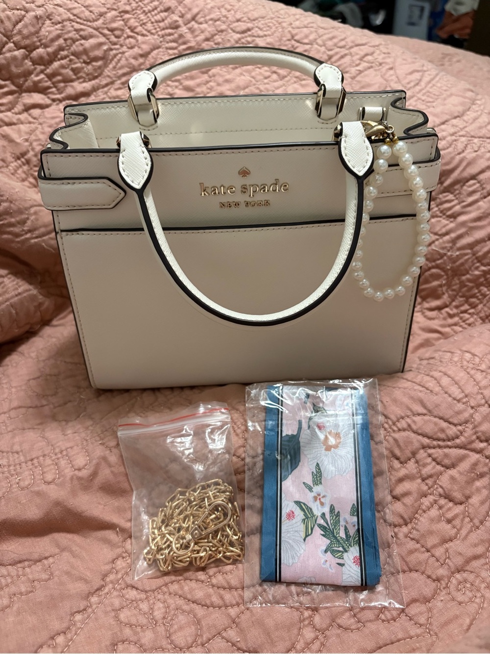 kate spade Cream Leather Top-Handle Satchel with Pearl Charm - Picture 7 of 10